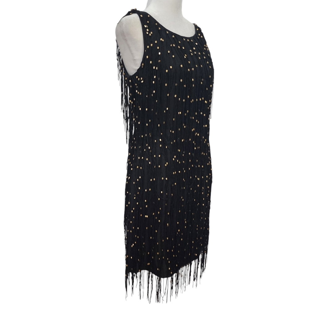 NEW Bagley Mischka Collection Silk Gold Bead Fringe Sleeveless Flapper Dress - Picture 4 of 12